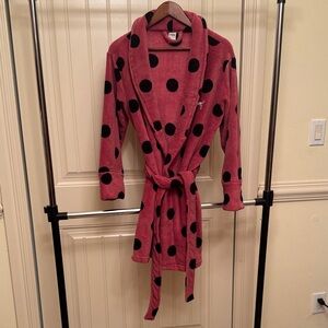 Victoria's Secret Pink/Black Polka Dot Plush Robe-Sz XS/S